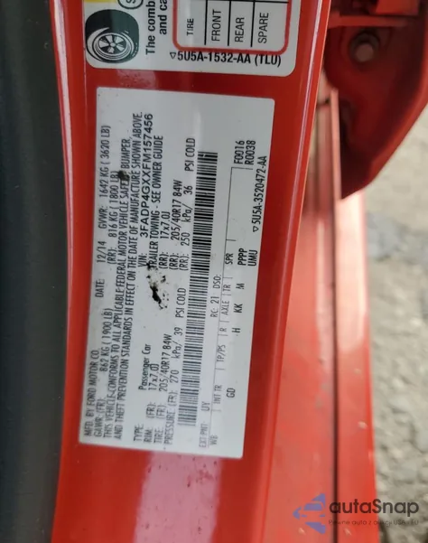 2015 Ford Fiesta St z USA, uszkodzony, nr VIN 3FADP4GXXFM157456